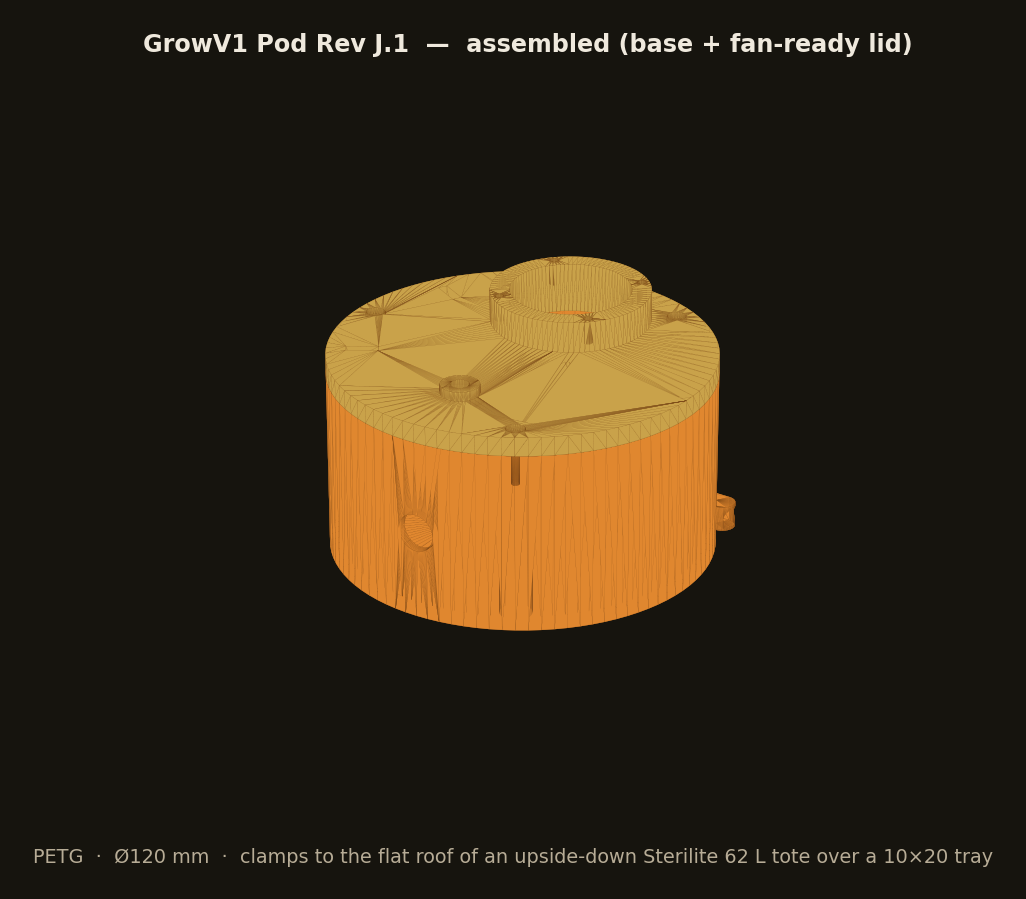 GrowV1 Pod Rev J.1 assembled, base plus fan-ready lid, labeled CAD render