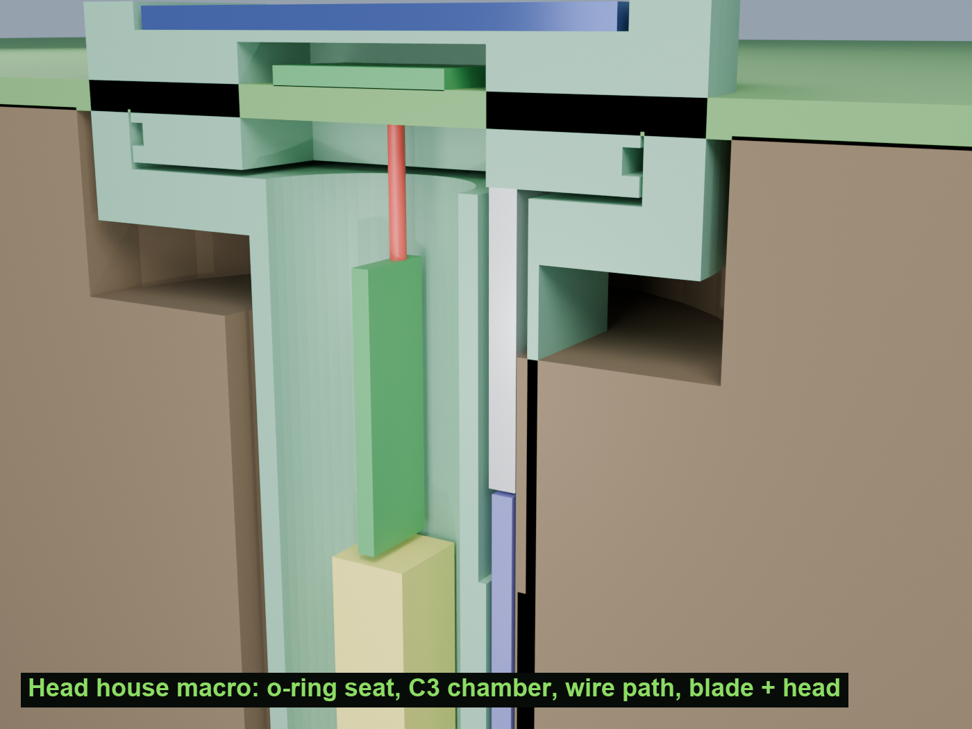 TURF head-house macro cross-section: o-ring seat, sensing chamber, wire path